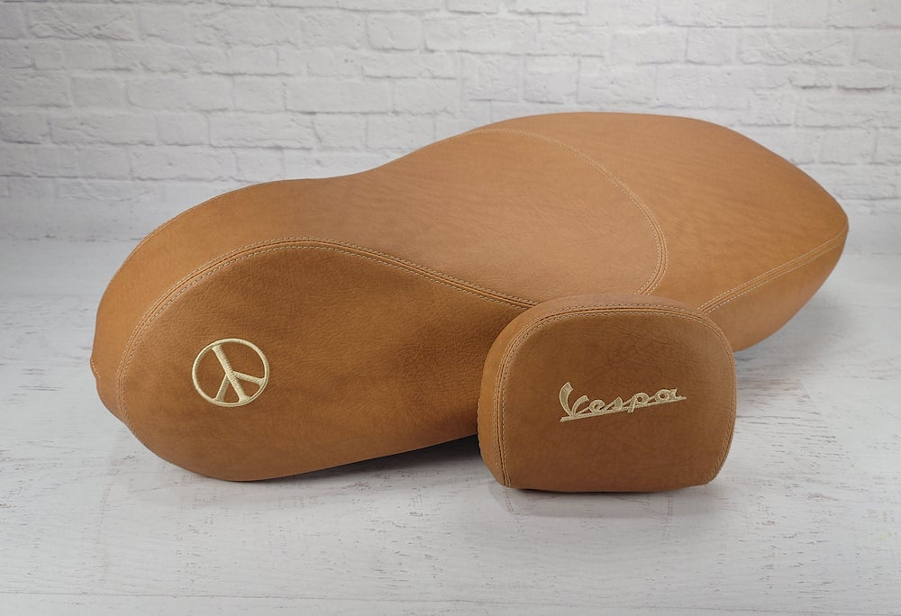 Vespa Sprint Primavera Seat Cover Golden Matte Saddle Tan French Seams by Cheeky Seats
