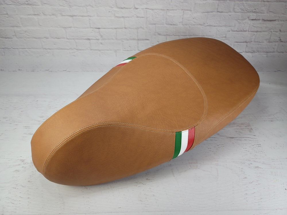 Vespa Sprint Primavera Seat Cover Golden Matte Saddle Tan French Seams by Cheeky Seats