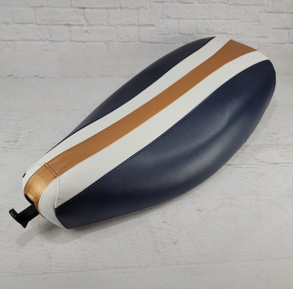 Vespa ET 2/4 navy blue seat cover with racing rally stripe, handmade by Cheeky Seats