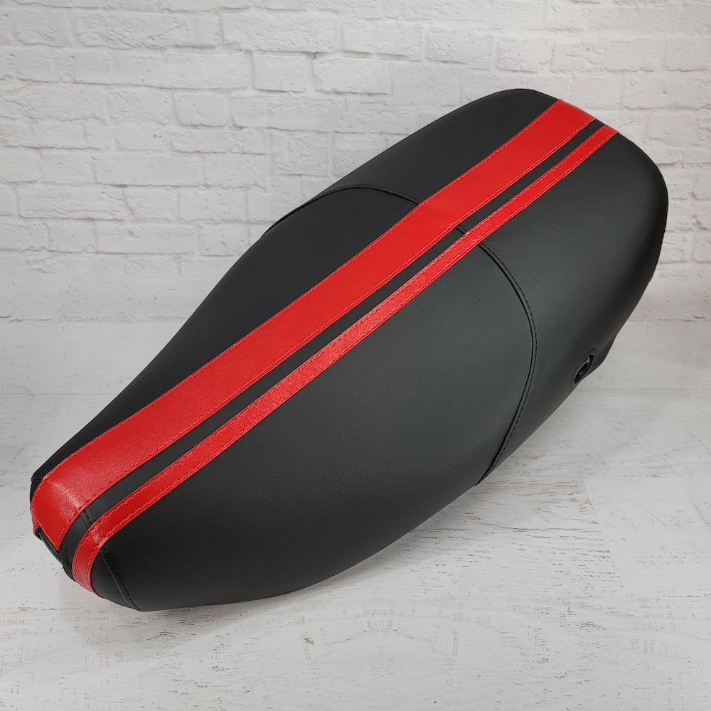 Vespa LX black seat cover with dual racing stripes