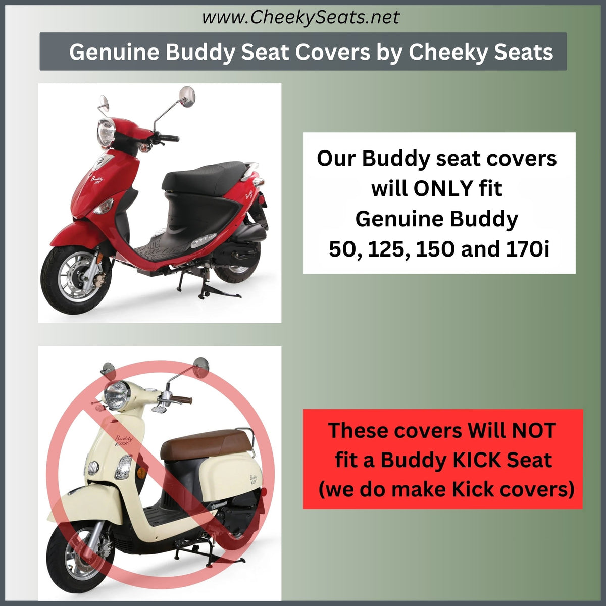 Cheeky Seats fit guide showing compatible Genuine Buddy models and the incompatible Buddy Kick