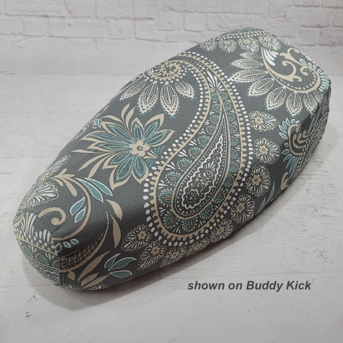 Stone Paisley seat cover tailored for a Genuine Buddy Kick, showing its fitted profile and patterned finish, handmade by Cheeky Seats.