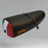 Matte black Genuine Stella seat cover with a hand-sewn Italian flag rear panel, and orange accent stitching and Stella logo handmade by Cheeky Seats
