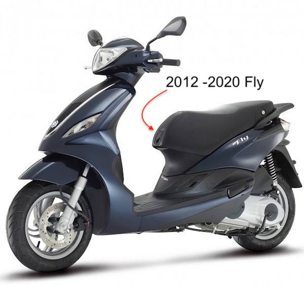 Dark blue 2012–2020 Piaggio Fly scooter shown as the seat-shape reference for Cheeky Seats covers