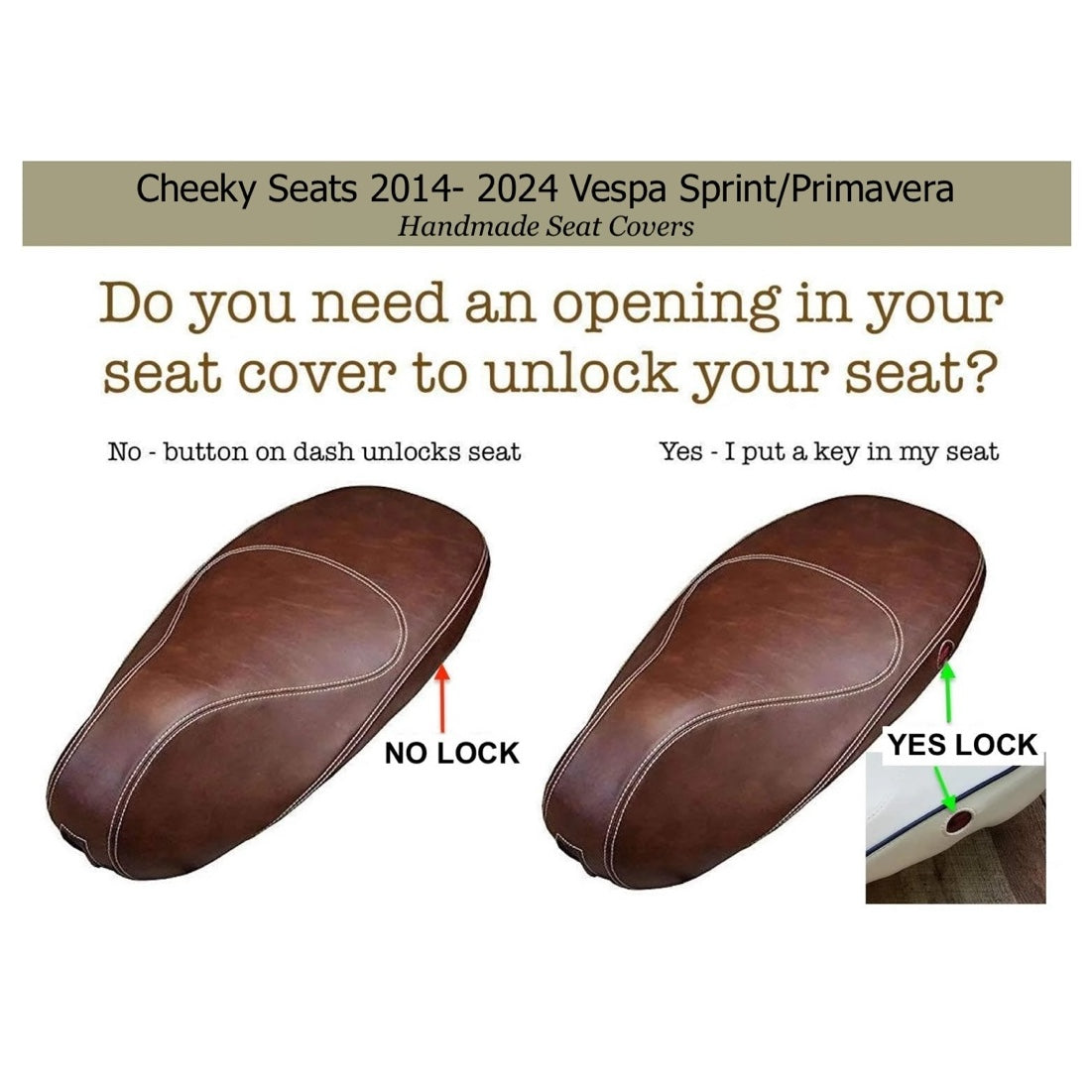 Vespa Sprint and Primavera seat lock opening reference for Cheeky Seats covers