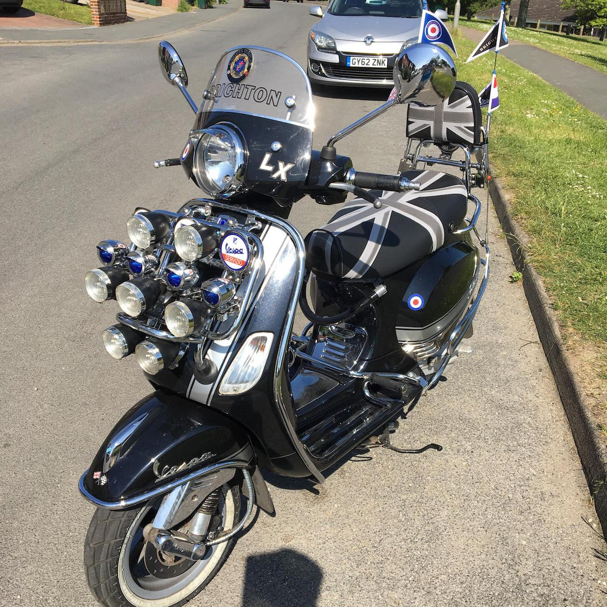 Vespa Sprint / Primavera Black and Gray Union Jack Seat Cover by Cheeky Seats