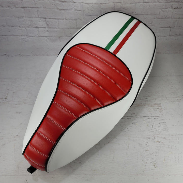 Vespa Sprint / Primavera WHITE Seat Cover Tuck and Roll with Italian Racing Stripe