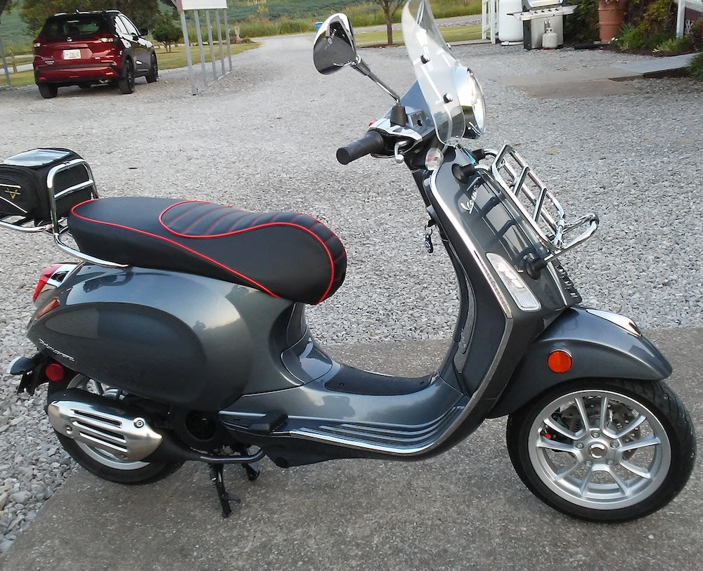 Vespa Sprint / Primavera Padded Black and Red Seat Cover by Cheeky Seats