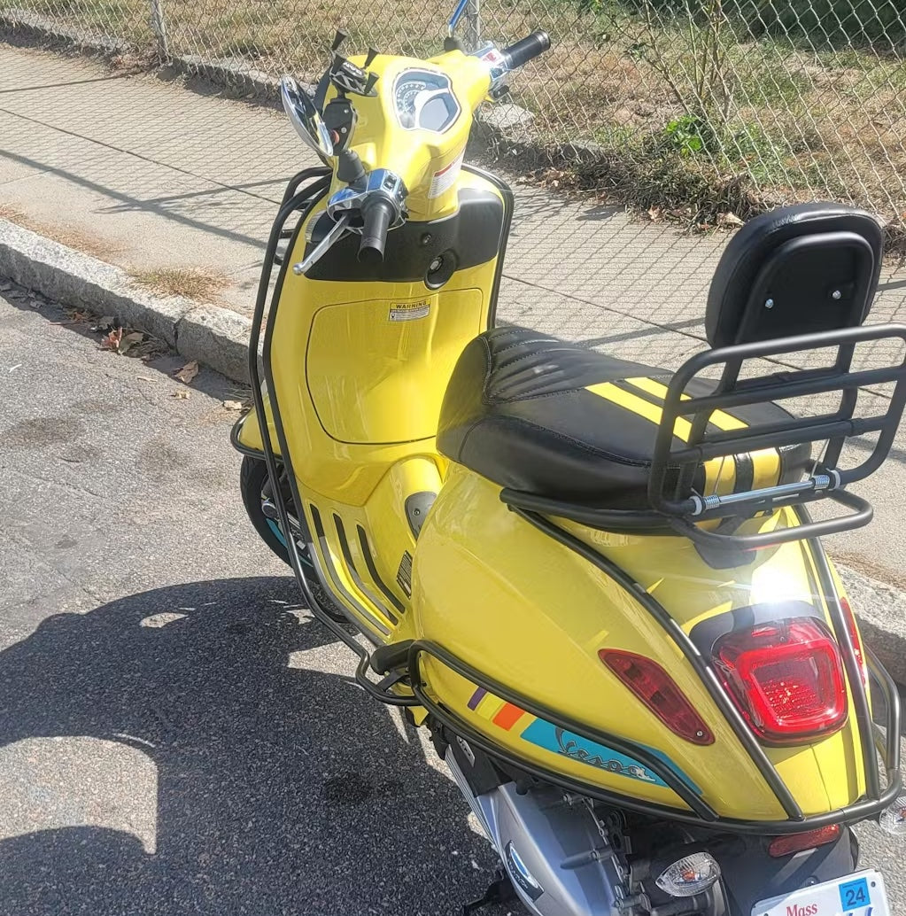 Vespa Sprint / Primavera Seat Cover Satin Black with Dual Racing Stripes by Cheeky Seats