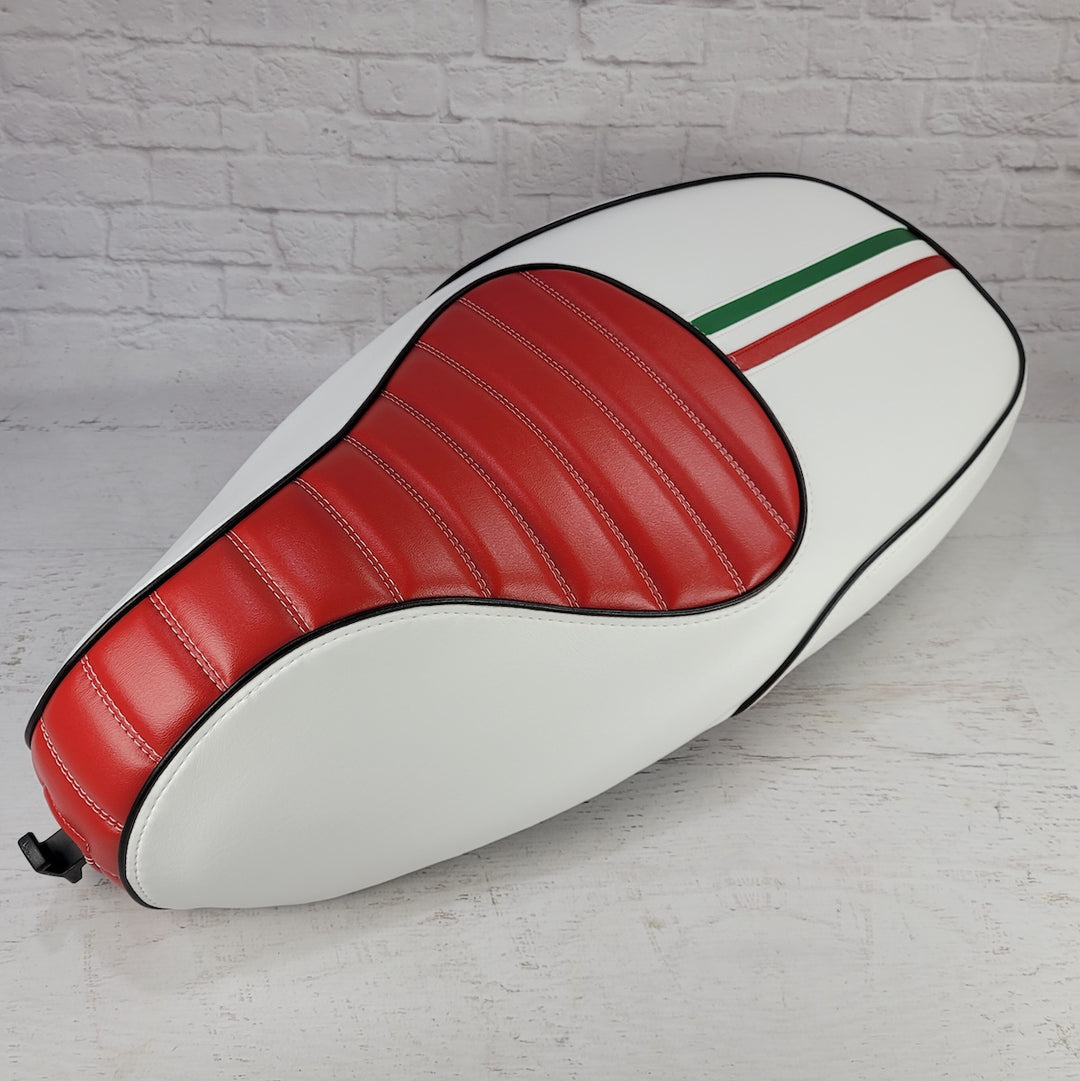 Vespa Sprint / Primavera WHITE Seat Cover Tuck and Roll with Italian Racing Stripe