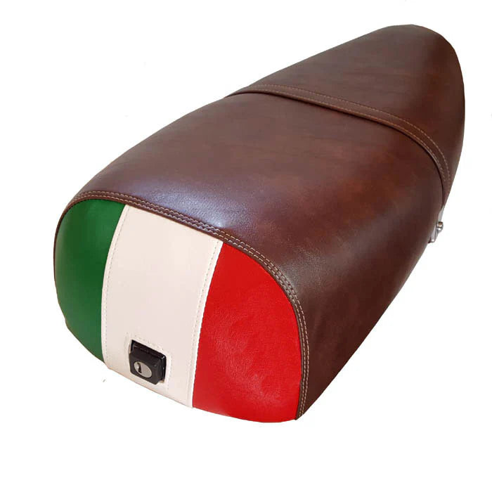 Whiskey-brown Genuine Stella cover with an Italian flag rear panel and lock opening, handmade by Cheeky Seats