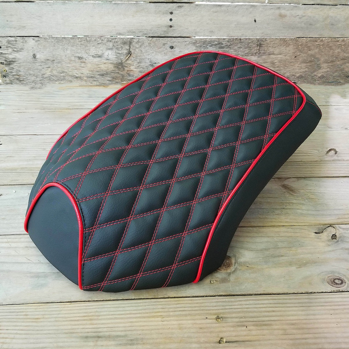 Black diamond-quilted Yamaha C3 seat cover with red stitching and red piping for a bold custom finish, handmade by Cheeky Seats.
