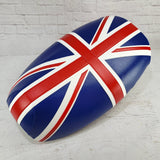 Union Jack Yamaha Vino 125 seat cover with stitched red, white and blue British flag panels, handmade by Cheeky Seats.