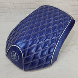 Blue Carbon diamond-stitched seat cover tailored for the Yamaha C3, XF50, Vox and Giggle, with silver piping and embroidered Yamaha emblem, handmade by Cheeky Seats.