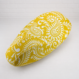 Yellow Paisley breathable scooter seat cover with a bold oversized paisley design for a standout summer look, handmade by Cheeky Seats.