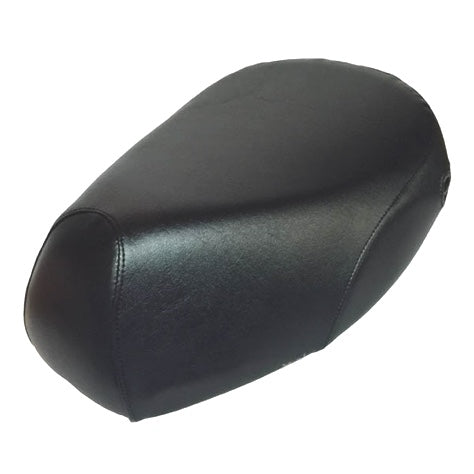 Three-quarter view of a black waterproof Kymco People 50 seat cover in smooth vinyl with a visible side seam, handmade by Cheeky Seats