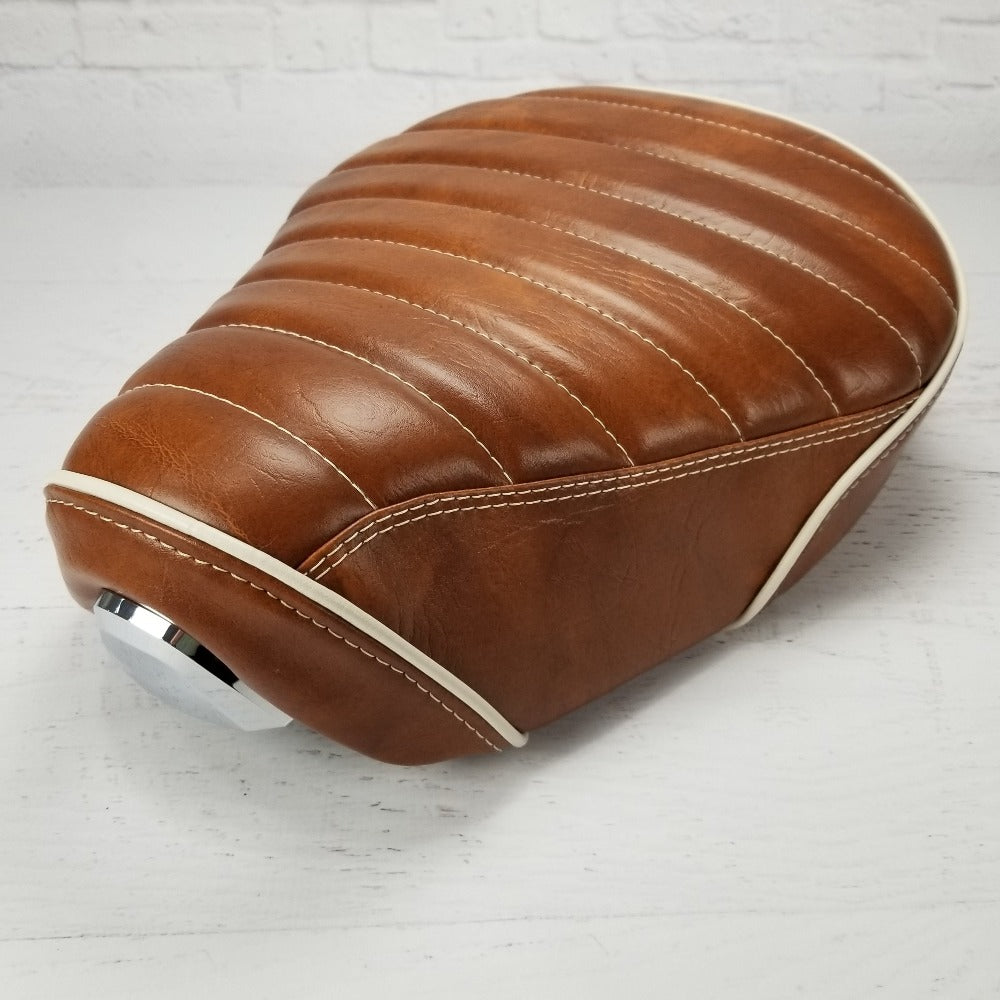 Honda Super Cub cognac tuck and roll seat cover detail