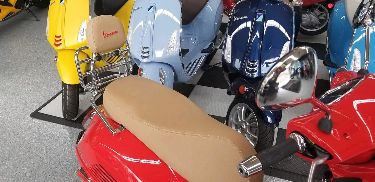 Vespa GTS camel tan seat cover installed