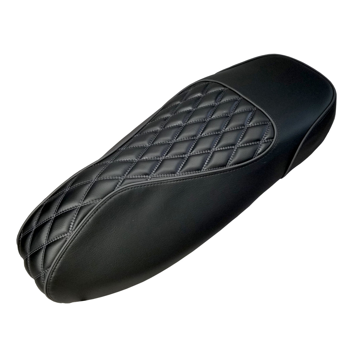 Vespa GTS black and gray diamond seat cover detail