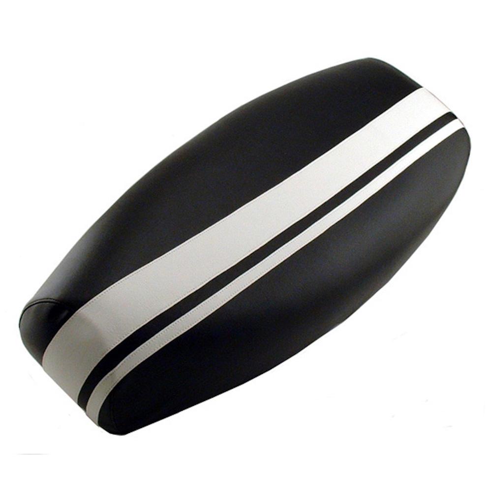 Black Genuine Stella seat cover with hand-sewn dual white racing stripes, handmade by Cheeky Seats