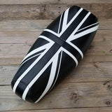 Black Genuine Stella seat cover with a hand-cut and sewn white Union Jack, handmade by Cheeky Seats
