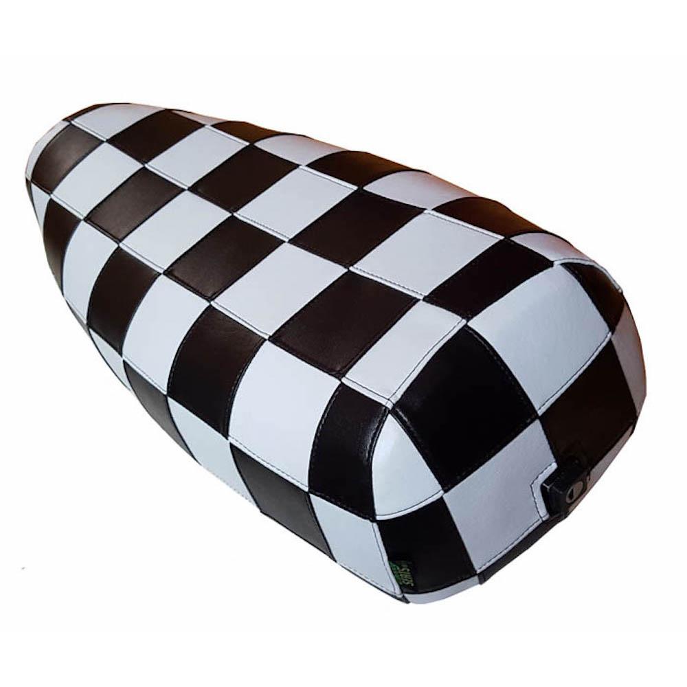 Rear angle of a black-and-white checker Cheeky Seats cover for the Genuine Stella, showing the lock opening