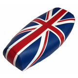 Red, white, and blue Union Jack Genuine Stella seat cover, handmade by Cheeky Seats