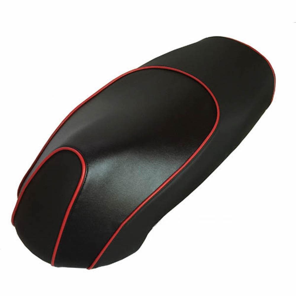 Overhead angled view of a black Kymco Like seat cover with red piping outlining every seam, handmade by Cheeky Seats