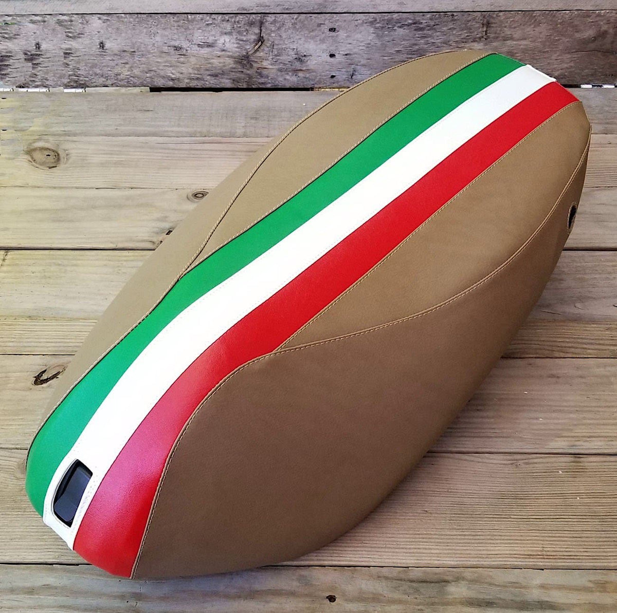 Tan Piaggio Fly seat cover with a green, white and red Italian racing stripe and cream stitching, handmade by Cheeky Seats