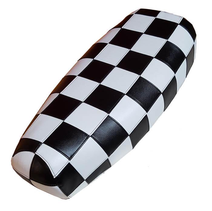 Black-and-white checker Genuine Stella seat cover with individually sewn squares, handmade by Cheeky Seats