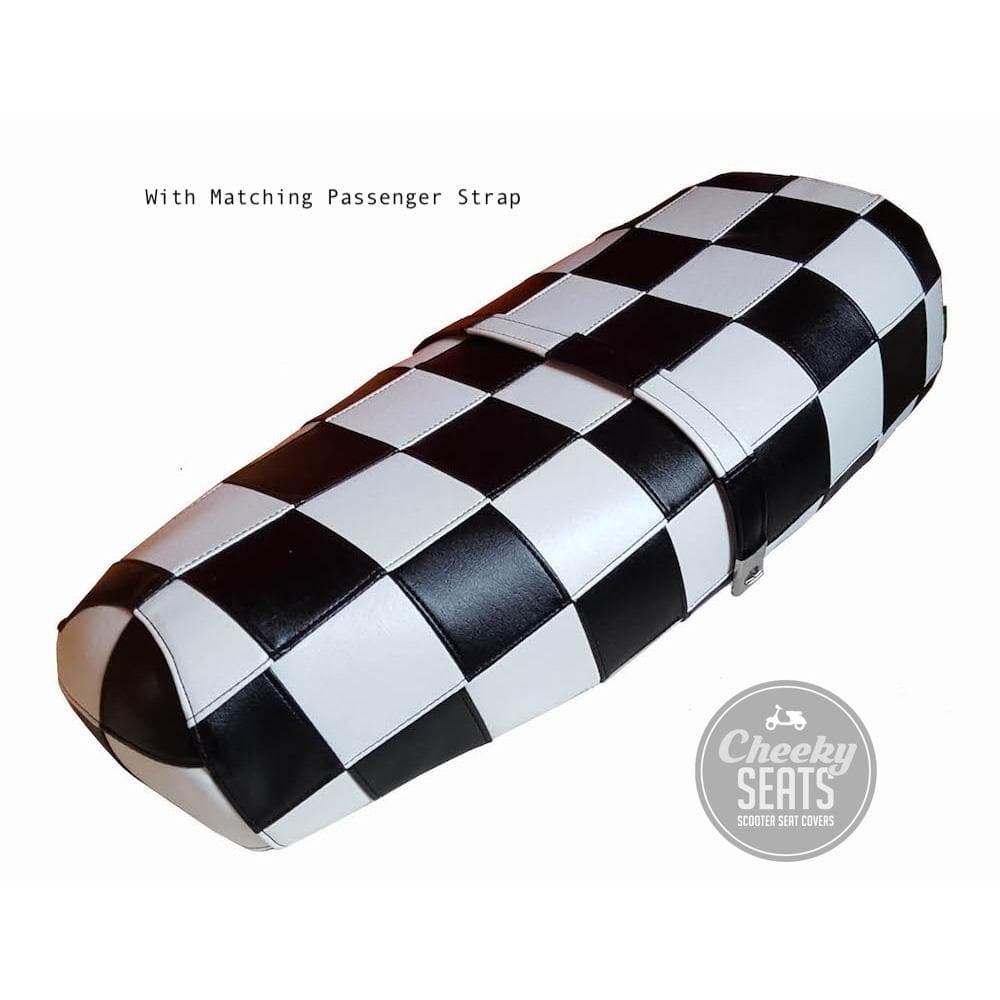 Black-and-white checker Genuine Stella seat cover with matching passenger strap, handmade by Cheeky Seats