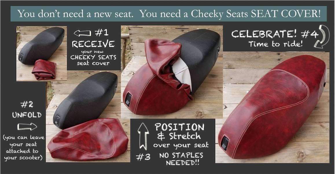 Staple-free installation guide for an Italian flag Piaggio Fly seat cover by Cheeky Seats